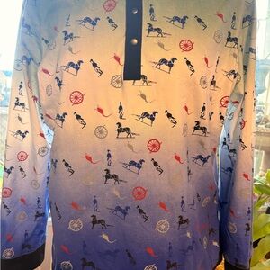 Hermes Blue Gradient Equestrian Print Long-Sleeve Polo